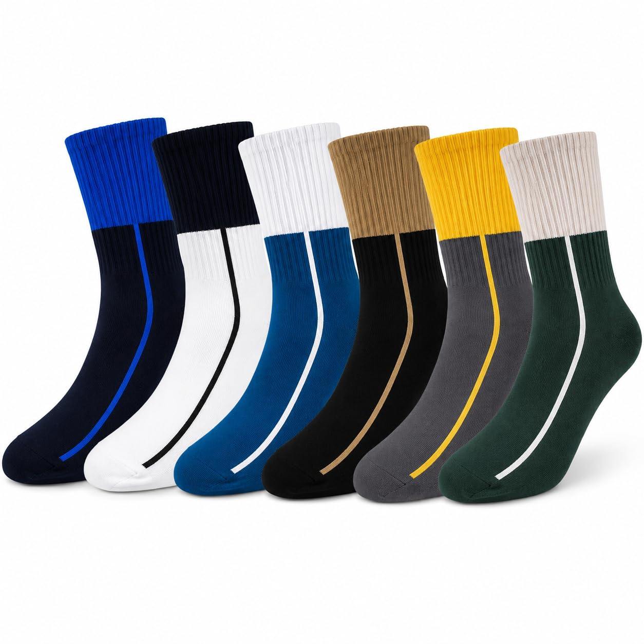 Crew Socks for Men & Women 6 Pack, Two-Tone Color Block Design with Vertical Stripe, Ribbed Cuff, Soft Cotton Blend Mid-Calf Pair Set for Gym, Sports, Running, Office & Daily Wear-picture-25