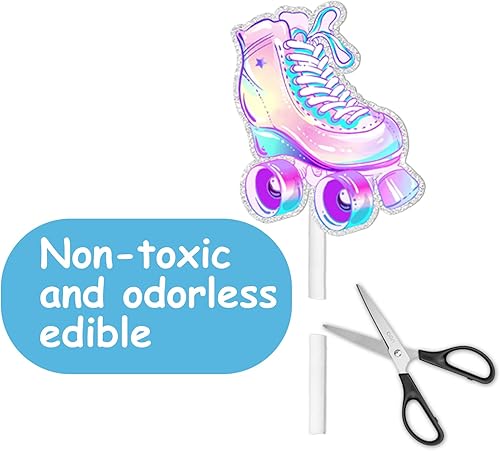 Vista 5 de 18 piezas de patines con purpurina para decoración de cupcakes de postre para niños y niñas, decoración de fiesta de cumpleaños de los años 80 y 90