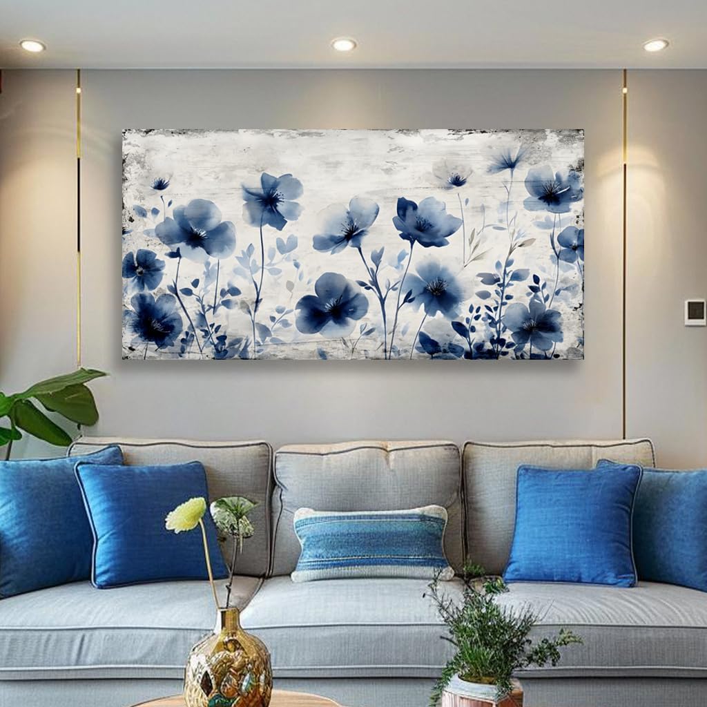 JLXART Flower Poster Canvas Wall Art Modern Blue Floral with White Background Print for Living Room Office Home Decor,20X40inch