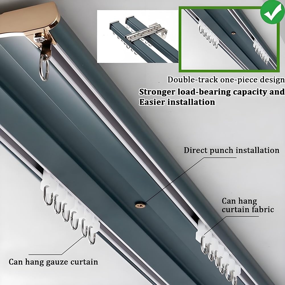 Système de rail de rideau à 2 voies avec rouleaux silencieux, rail de plafond réglable en aluminium de 0,5 à 6 m, pour rideaux coulissants, séparateur de pièce, gris, 1,7 m de long