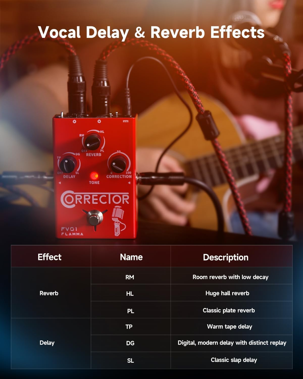 Para FLAMMA FV01 - Procesador de efectos vocales con corrección de tono, pedal de voz, amplificador de micrófono para cantante en vivo, grabación en streaming con reverberación de retardo, tocar
