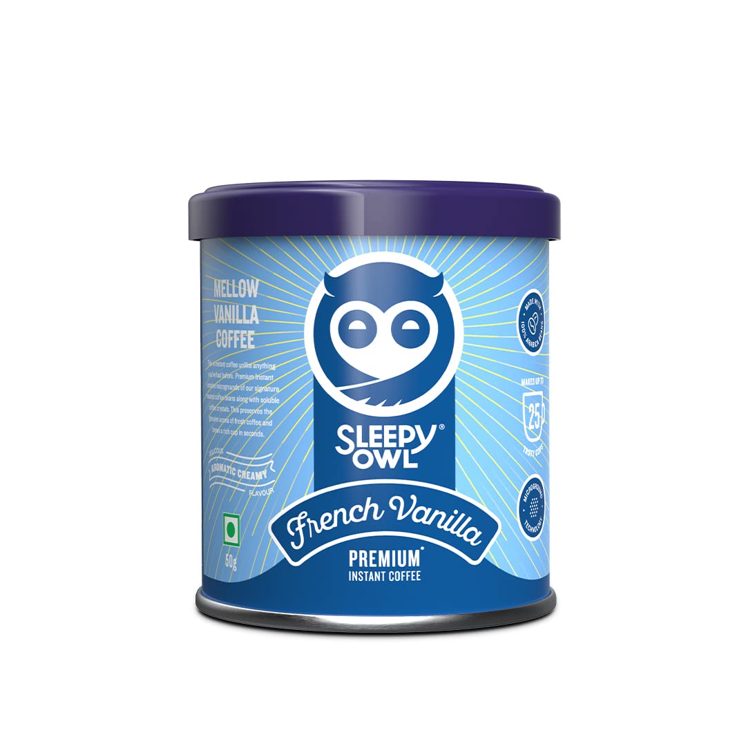 Sleepy Owl 50gm French Vanilla Premium Instant Coffee | 100% Arabica | Makes 25 Cups | Sweet & Mellow Flavoured Coffee | Make Café Style Hot or Cold Coffee, Cappuccino, Espresso, Latte at Home