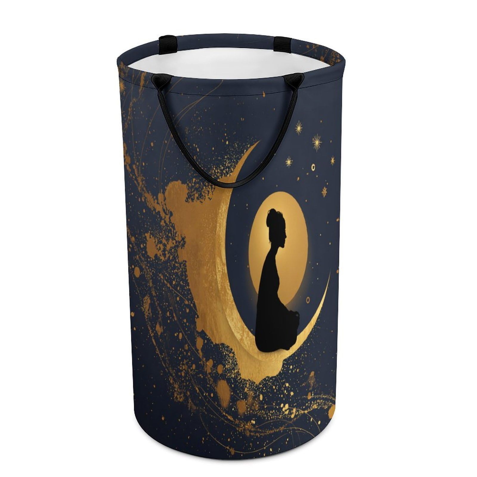 LUYYSKY Classic Rustic India Yoga Versatile Storage Laundry Basket, Minimalist Watercolor Full Moon Starry Sky Yoga Blue Gold Pattern Large Bathroom Laundry Hamper With Handle-40 CM Dia, 69 CM High