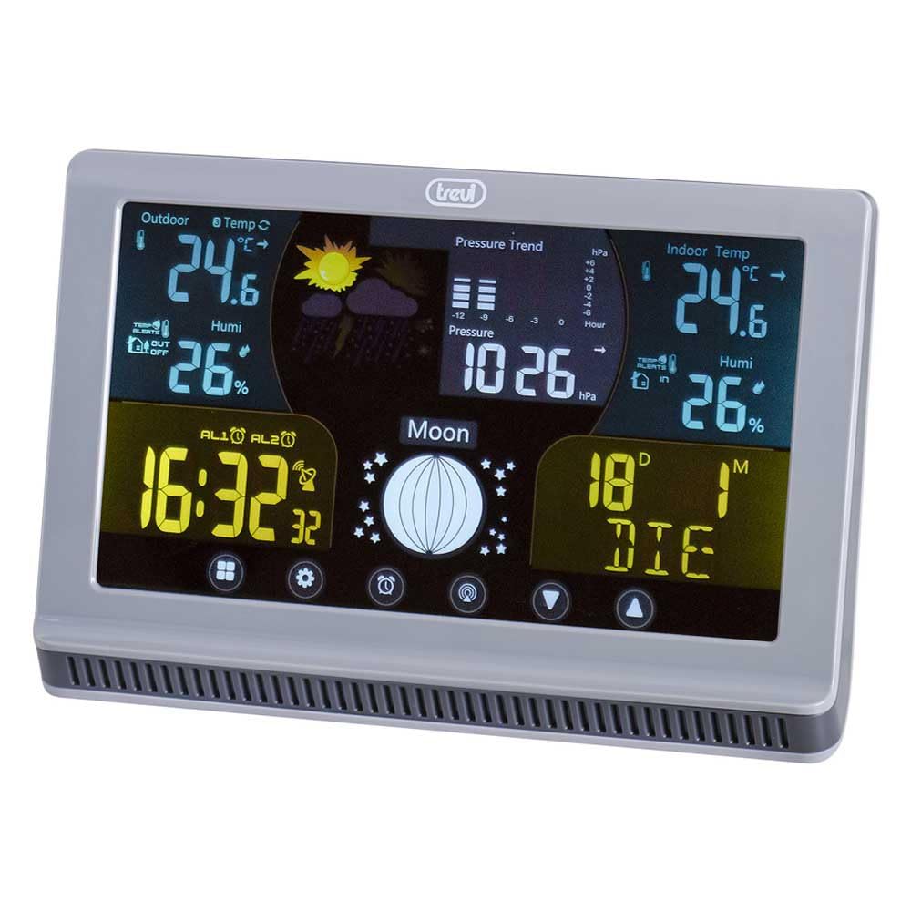 Trevi ME 3P70 RC Estación meteorológica con sensor exterior y controles táctiles, indicaciones termómetro, humedad y fase lunar, alarmas programables con función Snooze, calendario multilingüe