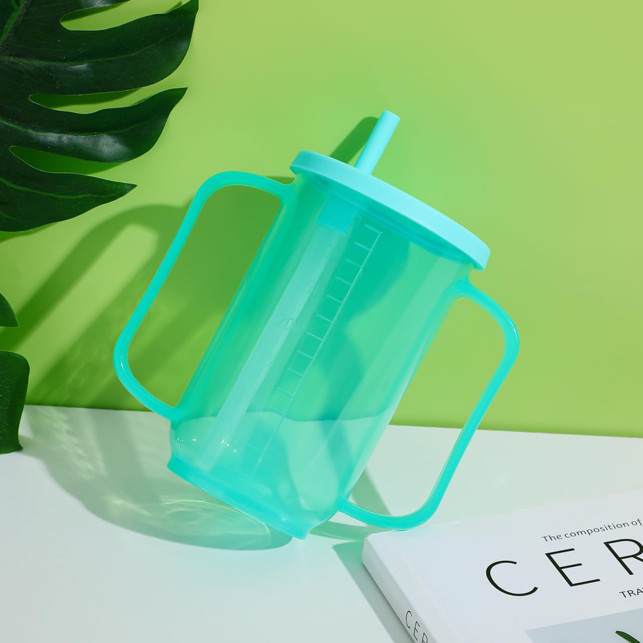 Baluue Tazza con becco per anziani, a prova di perdite, con manici, in silicone, per alimenti, a prova di perdite, con coperchio e 350 ml