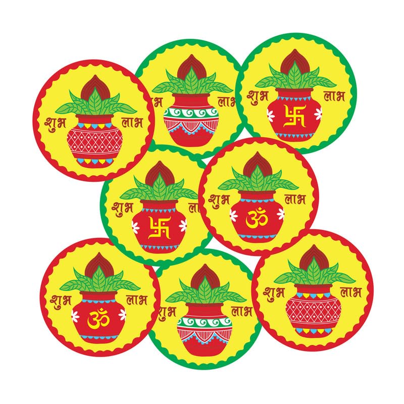 Shuba Labh Pooja Stickers with Decorative Kalash, 40 Pieces, 2 inches, Round, 4 Unique Designs, Made of Sticker Paper