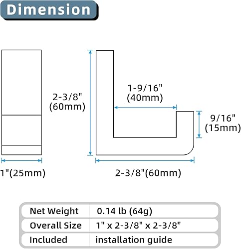 Miniatura 9 de Angle Simple Gancho para bata de baño, 2 piezas, soporte para toalla de baño de acero inoxidable SUS304, gancho de pared resistente, negro mate