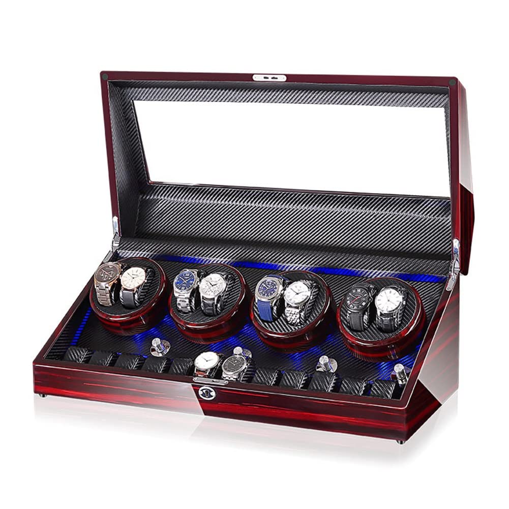CGCSYZ Automatic Watch Winders Display Box For 8 Automatic Watches + 12 Showcases 5 Rotation Modes Rotating Winding Watches Winder Case With Quiet Motor LED Light Wood And Carbon Fibre (Brown a)