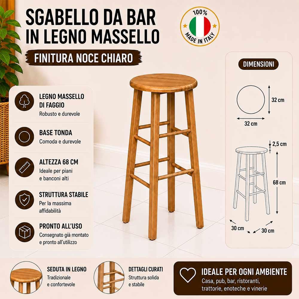 Sgabello legno con seduta rotonda h 68 noce chiaro gambe dritte