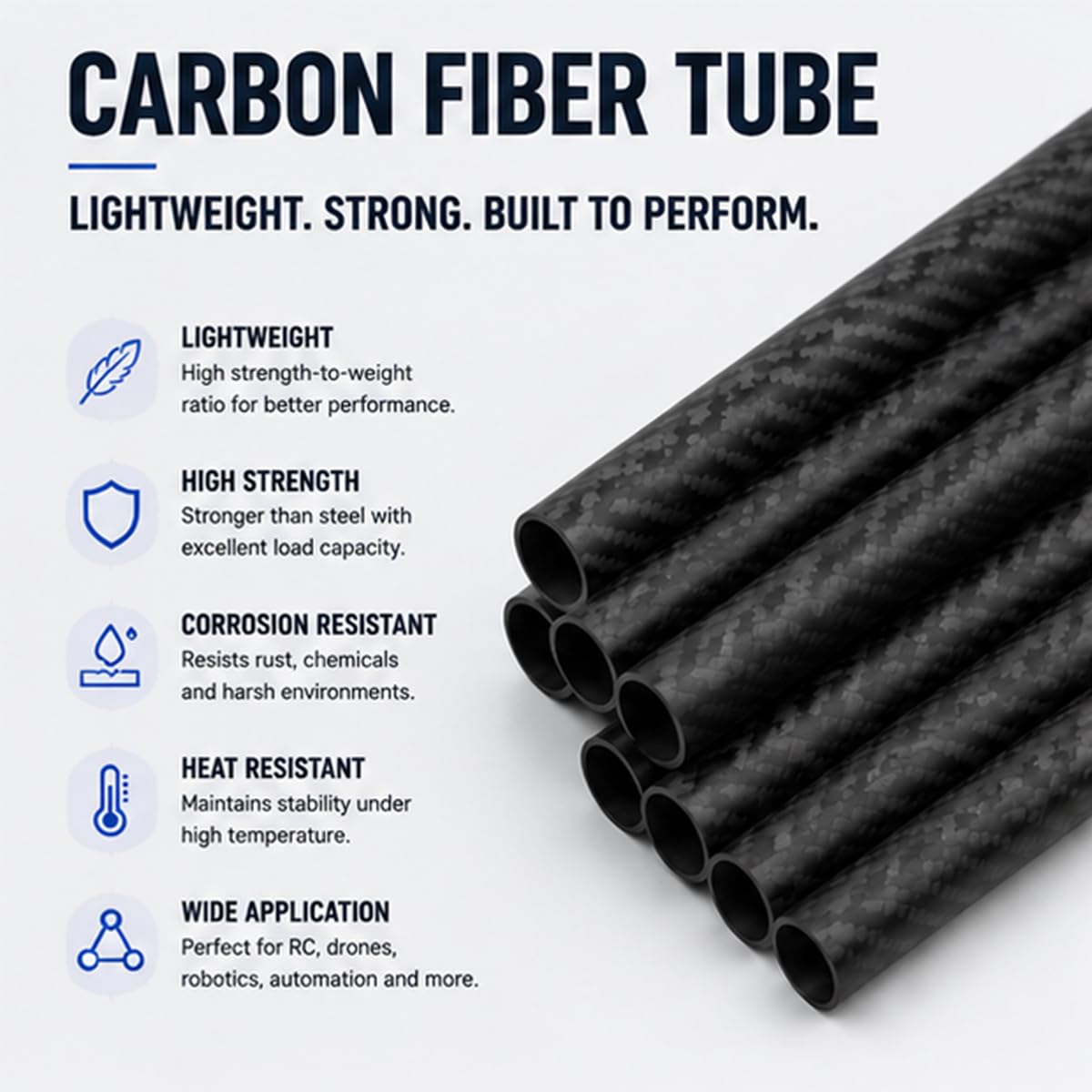 Tubo Fibra de Carbono Alta Rigidez Ligero para Aplicaciones Técnicas | Alta rigidez estructural, peso ultraligero estabilidad,material compuesto duradero, aplicaciones técnicas e industriales