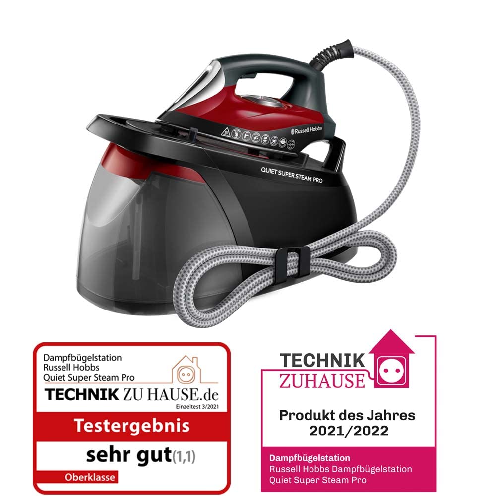 Russell Hobbs Centro de Planchado Quiet Super Steam Pro - 2750 W, Suela Cerámica, Tecnología One Temperature, Presión 8 Bares, Depósito 1,8L, Antical, Vapor Generado 315 g, Negro y Rojo - 24460-56