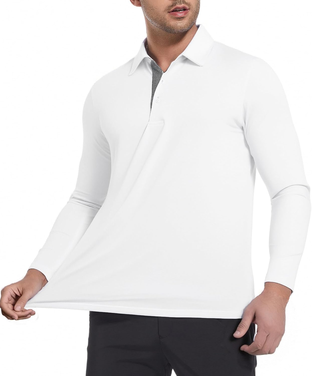 Alex Vando Mens Golf Shirt Moisture Wicking Quick-Dry Solid Long Sleeve Polo Shirts for Men