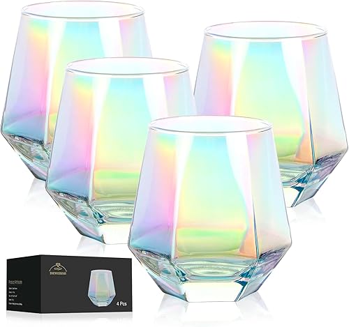 DIEWEISIMI Wine Glasses Set of 4, Stemless Wine Glasses, Modern Rainbow Diamond Wine Glass, Lead-Free Premium Crystal Iridescent Wine Glasses Set