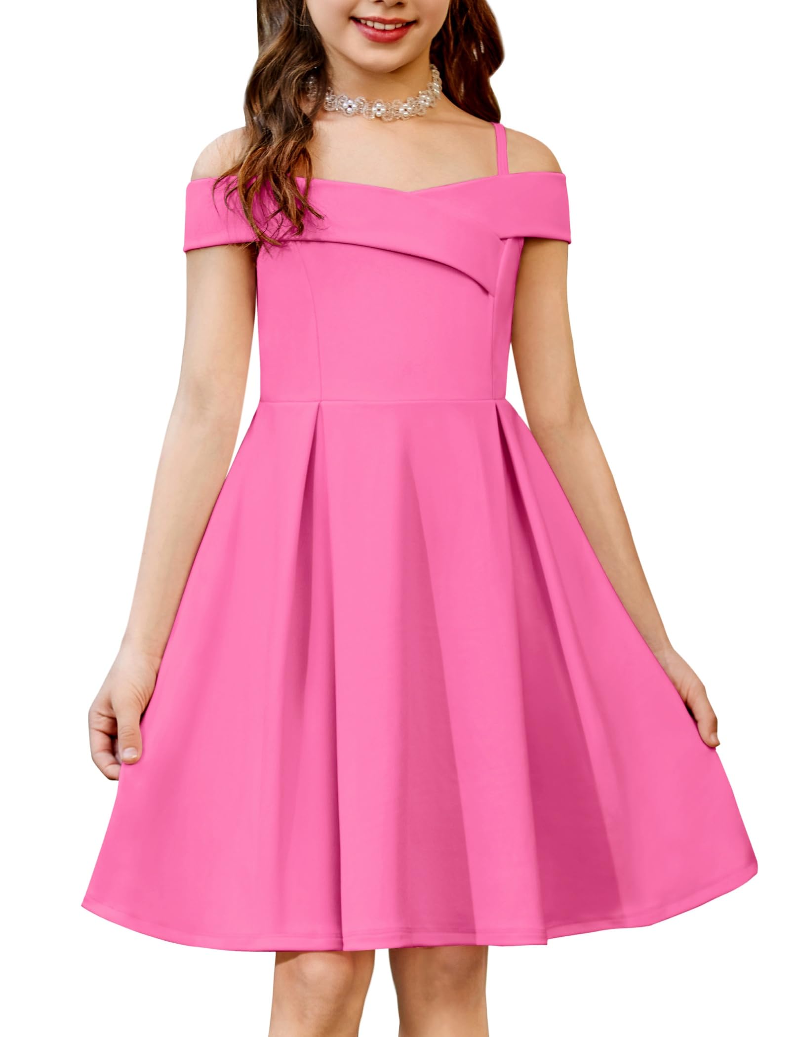 Arshiner Girls Summer Dress Off Shoulder Fold Pleated Formal Elegant A-Line Party Dresses with Pocket — view 12