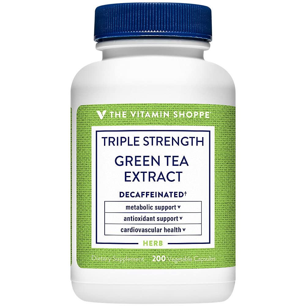 The Vitamin Shoppe Green Tea Extract 750mg - Fat Metabolism & Antioxidant | EGCG Polyphenols Decaf | 200 Veggie Caps | Triple Strength 200 Count (Pack of 1)