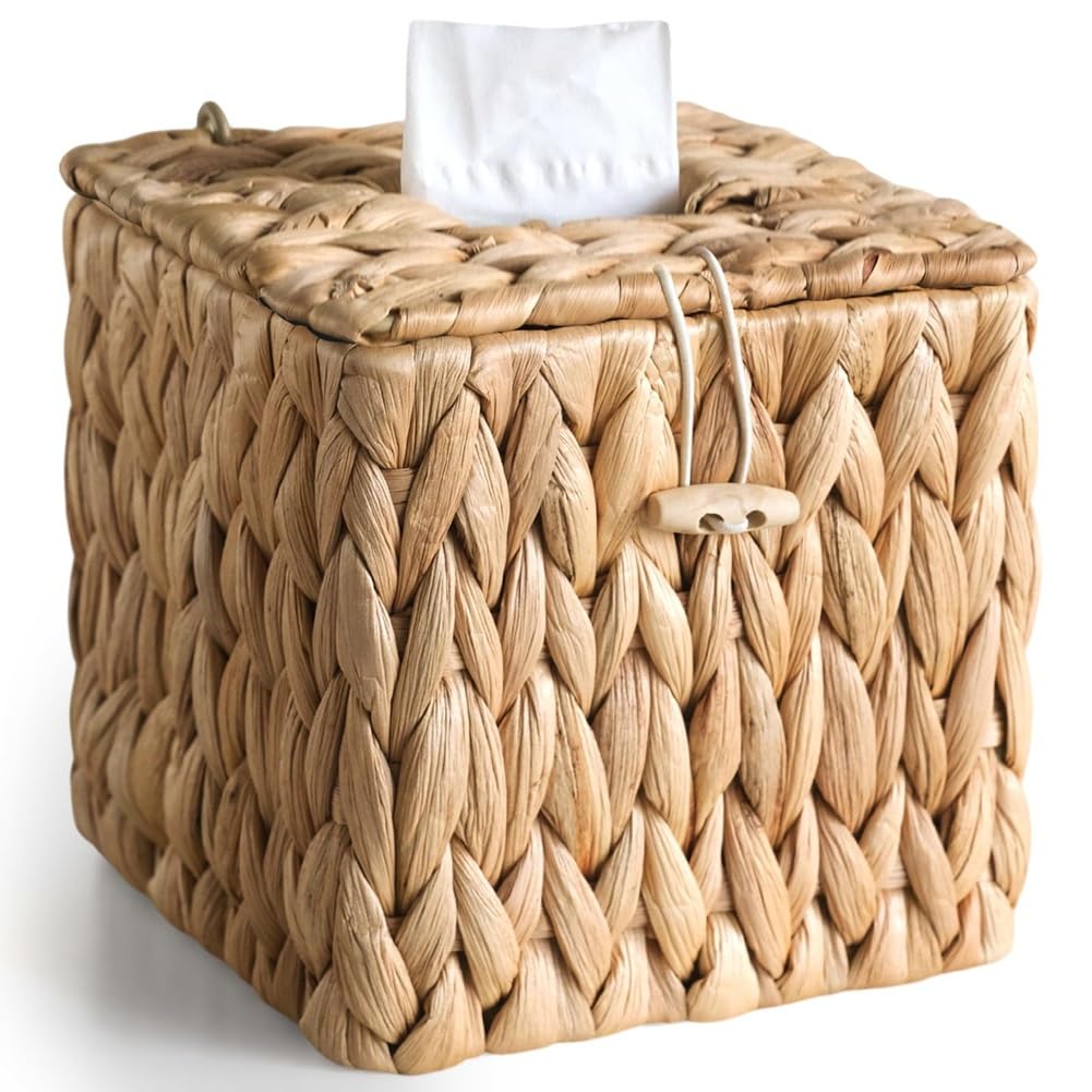 CTRLZS Cube Tissue Box Cover with Lid, Woven Water Hyacinth Rattan Tissue Holder, Square,Boho Decorative Tissue Box