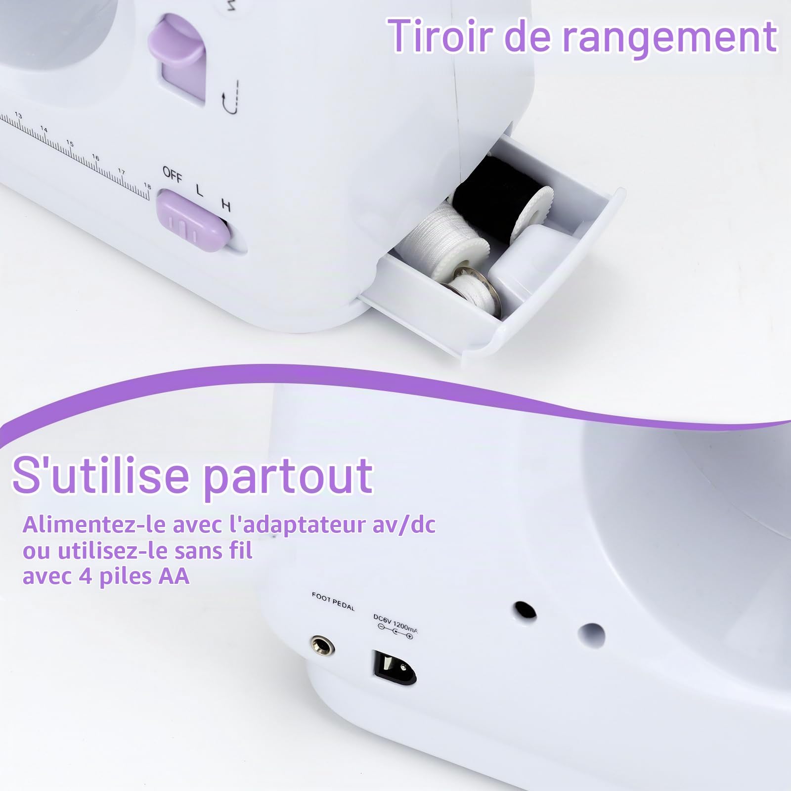 Machine à Coudre électrique Manuelle Pour DéButants Vitesse Réglable | 12 ModèLes de Couture Automatiques, 2 Méthodes De Charge Avec étagèRe, PéDale Et équipement De Base (Violet)