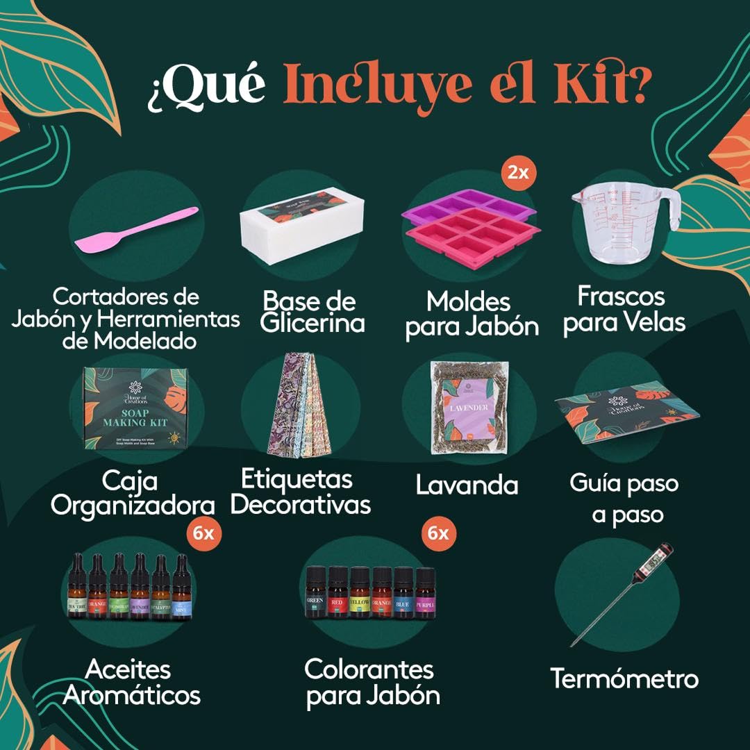 Home of creations Kit Jabón DIY 36 Piezas con Moldes y Aromas | 36 piezas, moldes, aceites aromáticos, pigmentos y guía, kit creativo para hacer jabones personalizados en casa