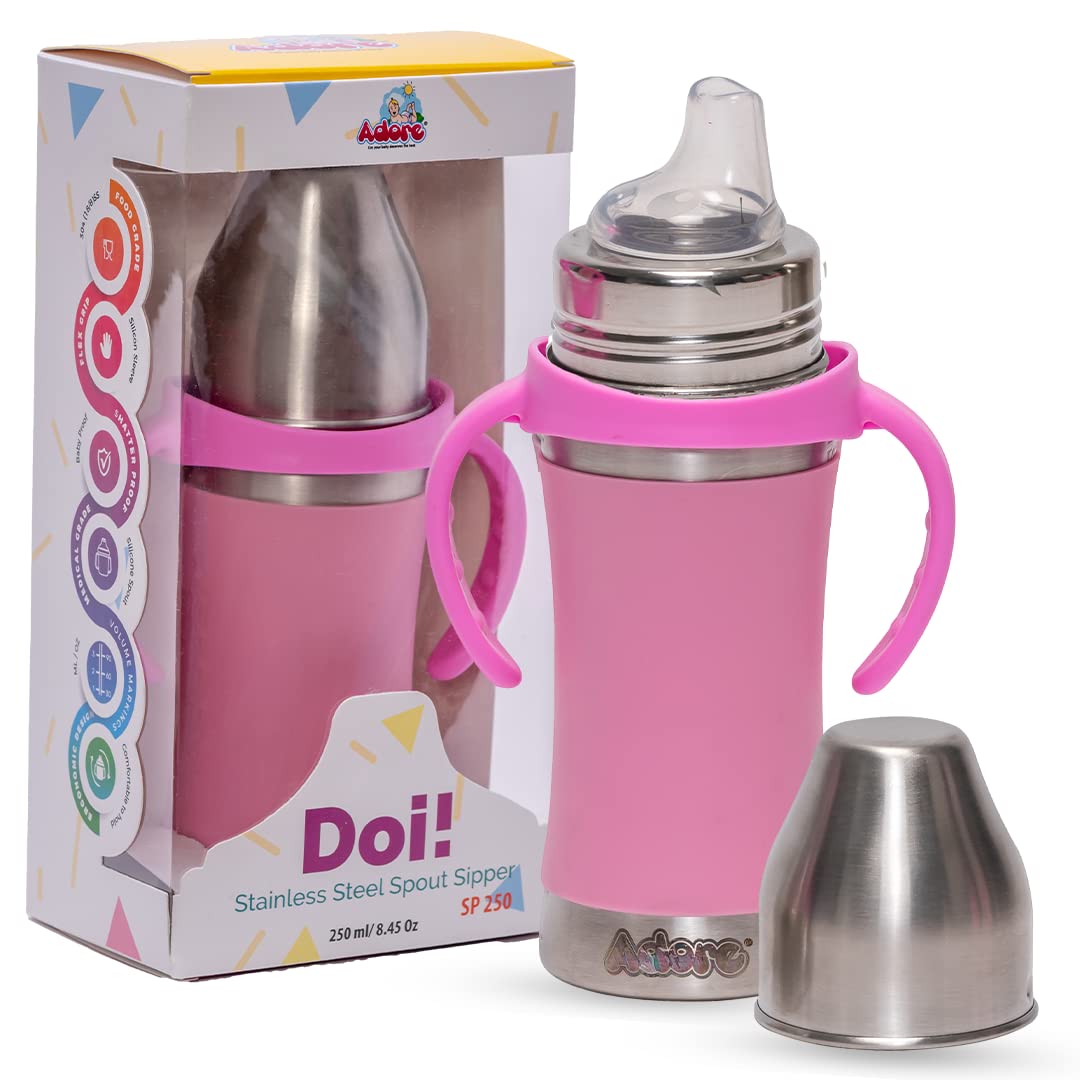 Adore DOI Stainless Steel Sipper Bottle with Handle -Silicone Sleeve Sipper for Kids-Shatterproof Kids Sipper-Medical Grade Silicone Spout Sipper for Baby & Toddlers-250 ml(Pink)-image-17