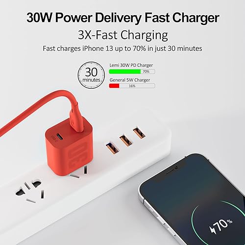 Miniatura 3 de Cargador USB C GaN de 30 W para iPhone, adaptador de corriente de bloque de carga rápida de doble puerto con cable USB-A a Lightning de 5 pies