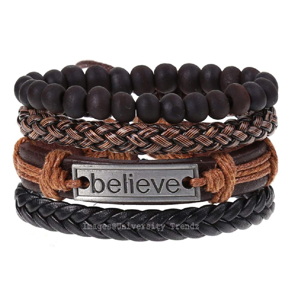 University Trendz Stylish PU Leather Stone Beads Inspirational Believe Words Charm Wrist Band Multi Strand Bracelet for Men and Boys (Set of 4) (B07X1QBJL9) Amazon Price History, Amazon Price Tracker