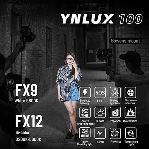 Miniatura 6 de YONGNUO-1 YNLUX100 Luz de video LED compacta COB Fotografía Luz de relleno 100W 5600K regulable 9 efectos de iluminación Bowens Mount para Retrato