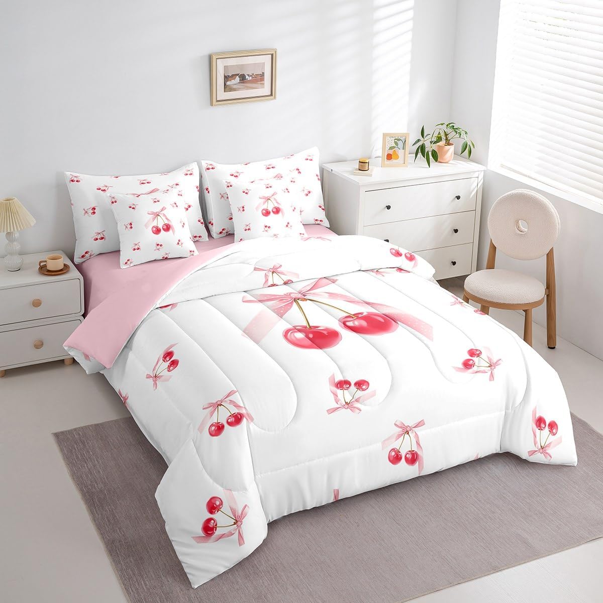 Feelyou Kids Pink Bowknot 7 Pieces Bedding Set Twin Size, Cherry Print Comforter Set with Sheets Dreamy Princess Bed in A Bag Boys Girls Cute Bow Teens Bed Set Bedroom Decor 7Pcs