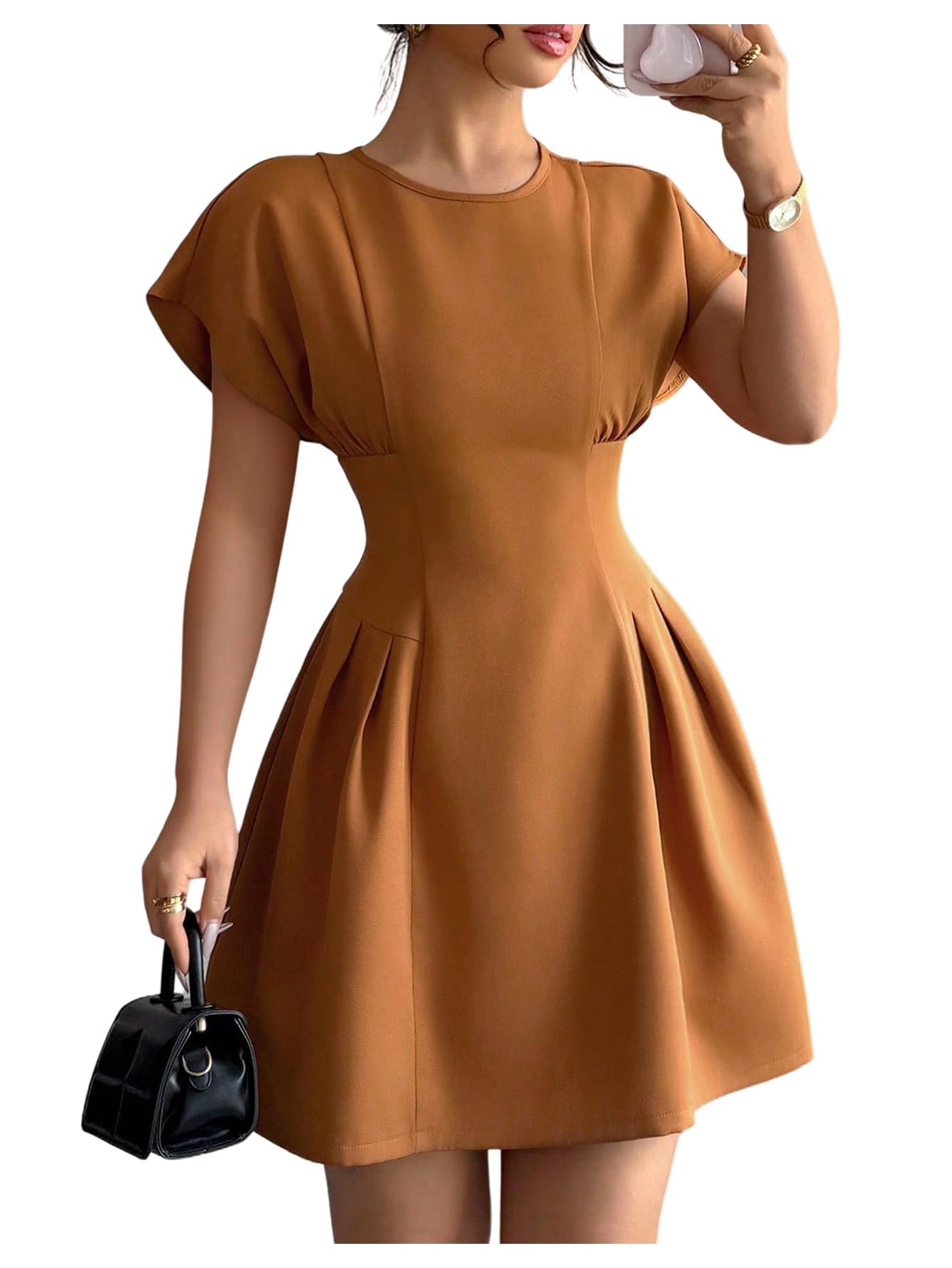 Floerns Women's Summer Short Dolman Sleeve A Line Dress Crew Neck Pleated Mini Dresses