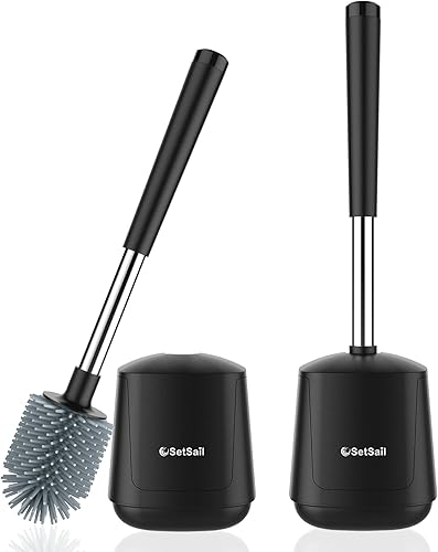 SetSail Escobilla de inodoro de silicona y soporte para inodoro automáticos para baño con soporte, cepillo limpiador de inodoro ventilado para Negro