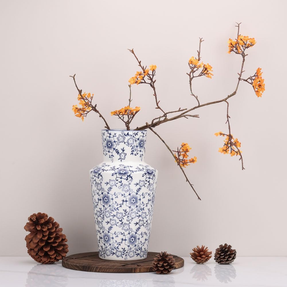 Chinoiserie Decor Blue and White Floral Vase - 11" Vintage Ceramic Pottery Vase for Centerpieces, Farmhouse Decor