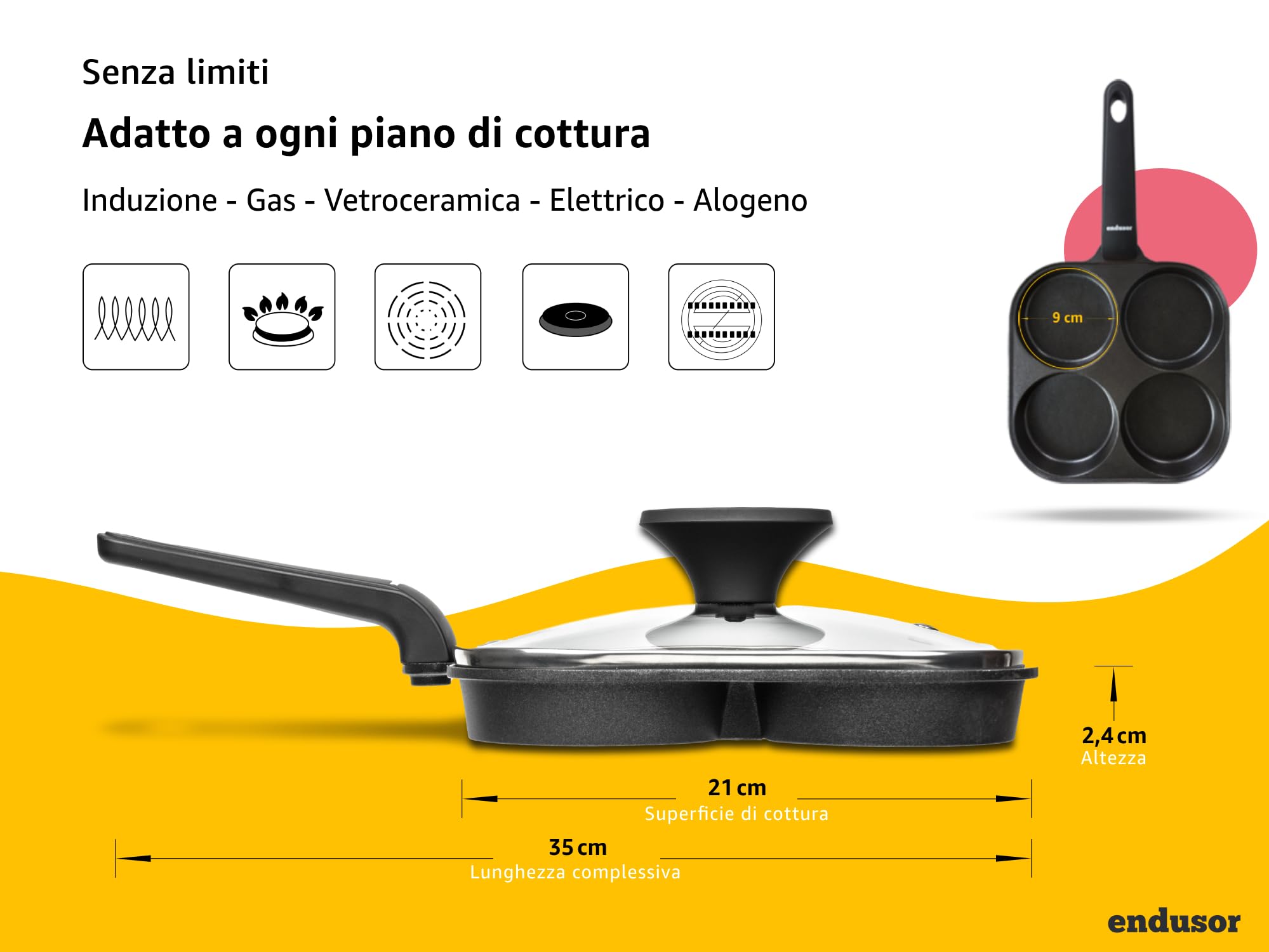 endusor Padella pancake e uova fritte - 21cm padella per pancake antiaderente con coperchio | Per Fornelli a Induzione Gas Ceramica Elettrici Alogeni| Piastra a 4 stampi per Pancakes Uova Fritte