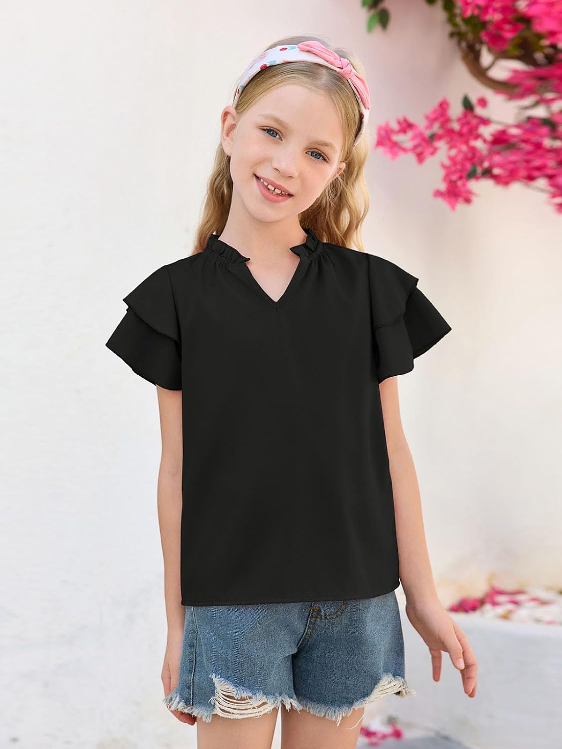 Haloumoning Girls Ruffle Short Sleeve T Shirts Casual V Neck Chiffon Blouse Cute Summer Tops 5-14Y