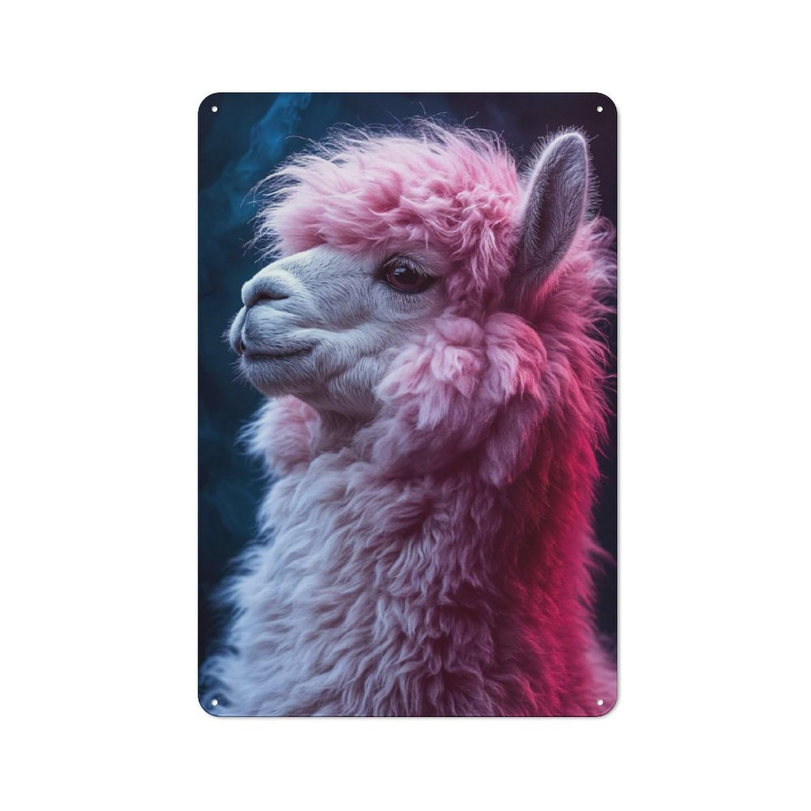 Junmoney Style-12 Metal Wall Sign 30X20cm Featuring Pink Fluffy Alpaca Portrait For Café Or Restaurant, A New Home Present For Hospitality Interior Collectors
