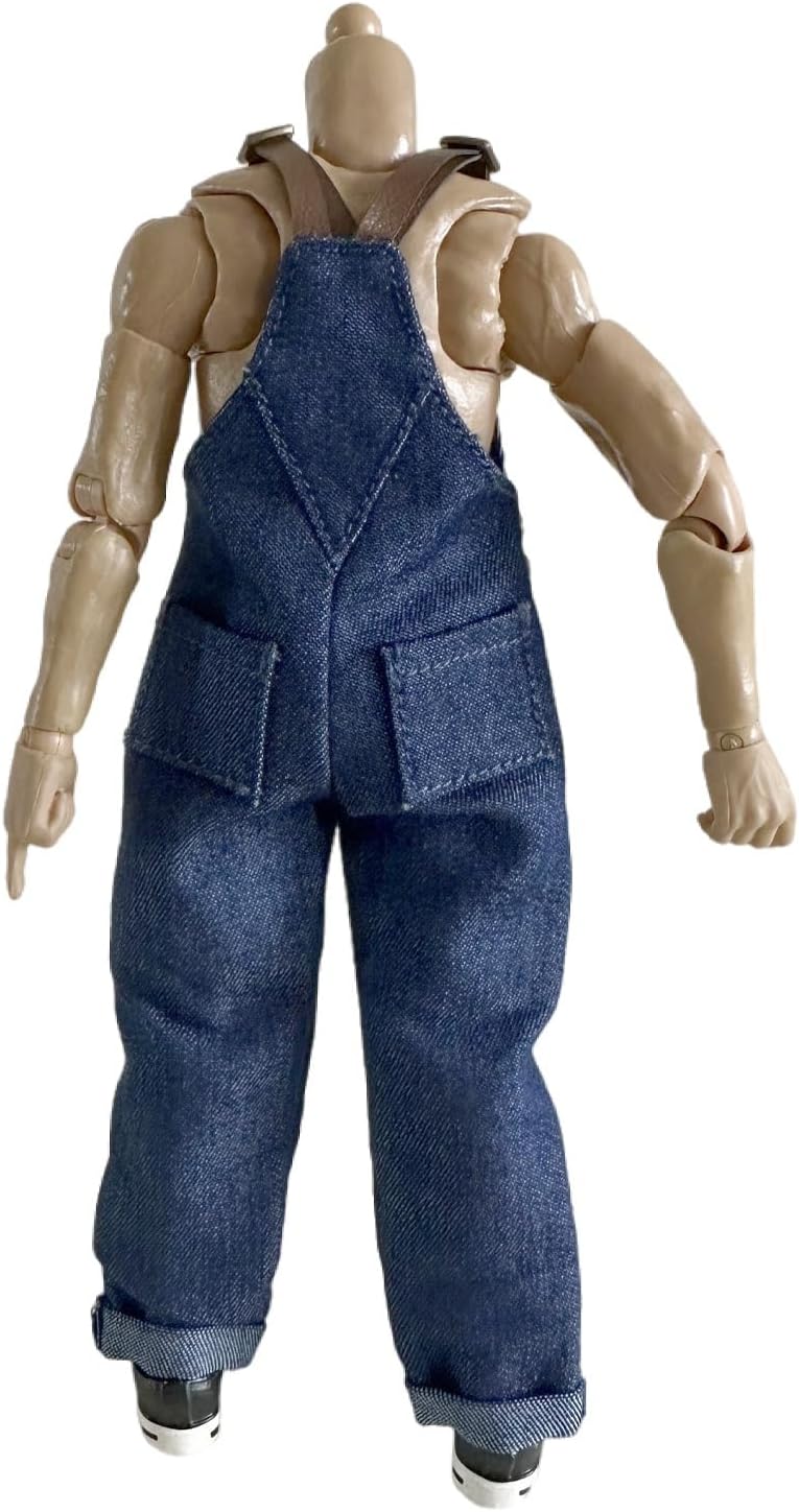 1/12 Action Figure Clothes,Backpack Pants for 6" Male Action Figures,1:12 Scale Miniature Pants,Strong Male Denim Overalls. (Denim Overalls-Denim Blue)