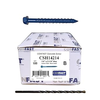 CONFAST 1/4" x 2-1/4" Hex Head Concrete Screw Anchor with Drill Bit for Anchoring to Masonry, Block or Brick 100 per Box