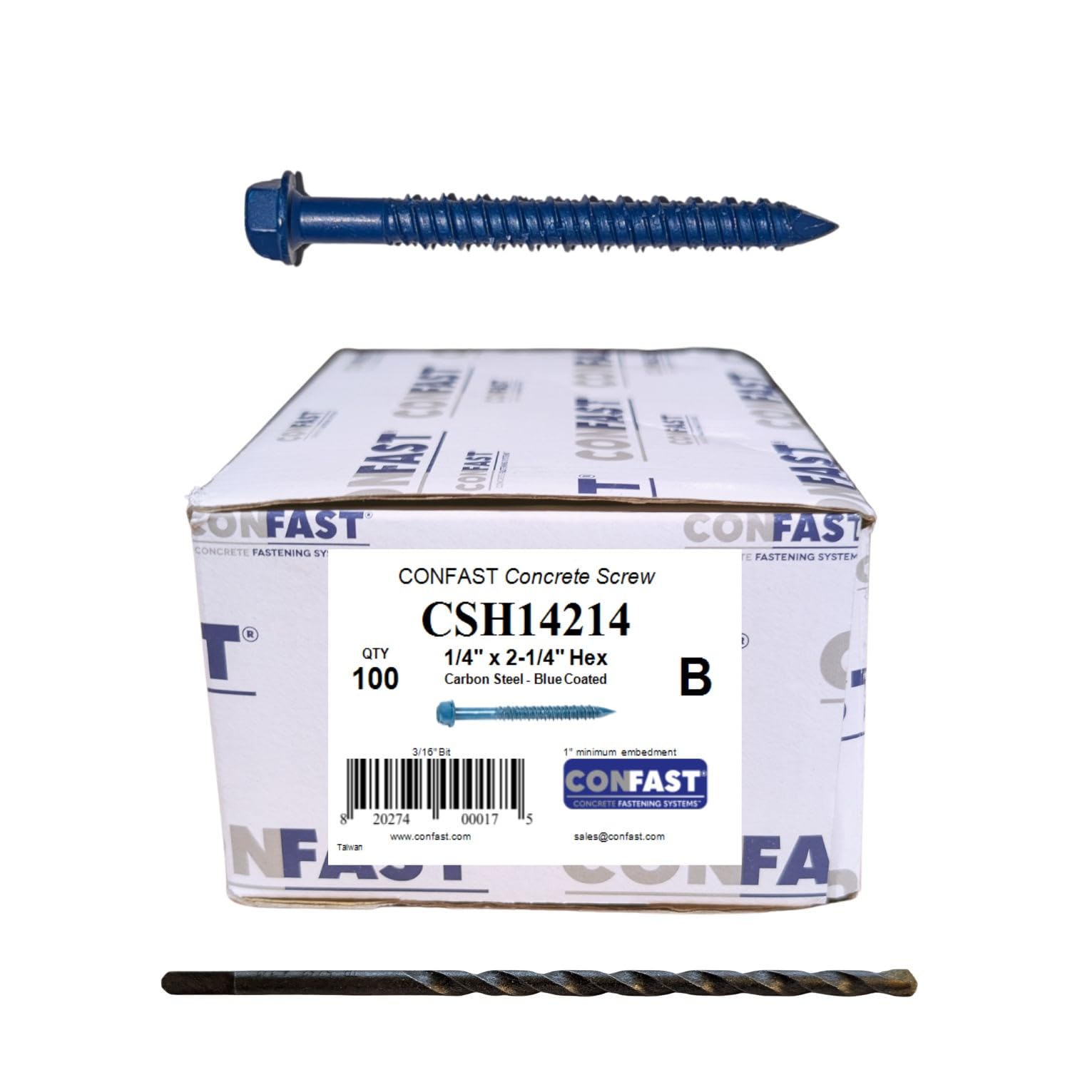 CONFAST 1/4" x 2-1/4" Hex Head Concrete Screw Anchor with Drill Bit for Anchoring to Masonry, Block or Brick (100 per Box)