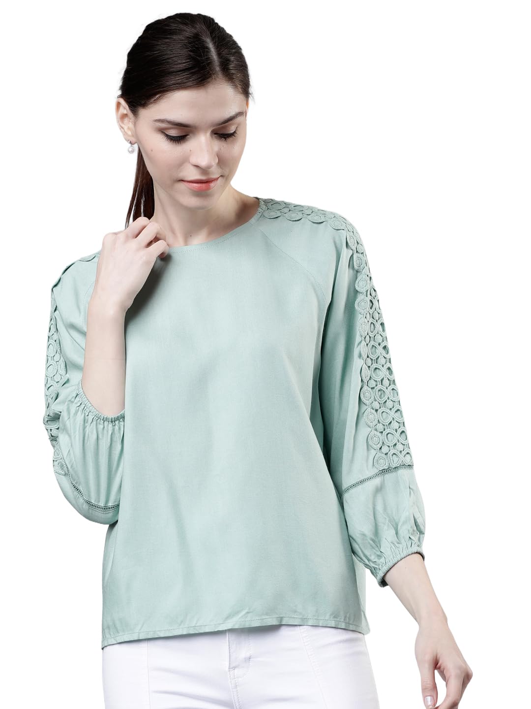 Tokyo Talkies Women's Three-Quarter Sleeves Round Neck Self Design Tops| Stylish Casual wear-image-16