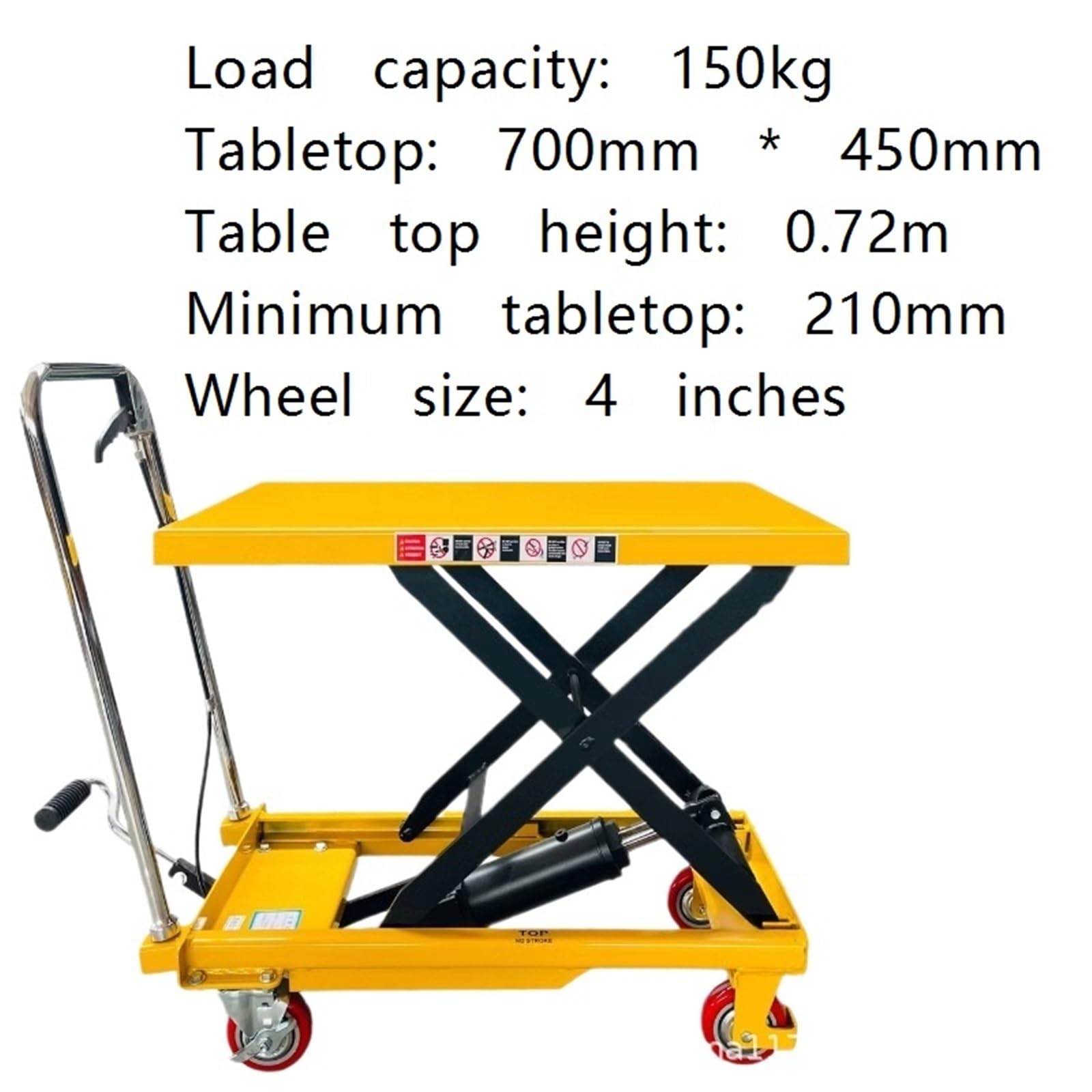 Hydrauliczny wózek widłowy z 4 kółkami i antypoślizgową podkładką do transportu materiałów żółtych (150 kg)
