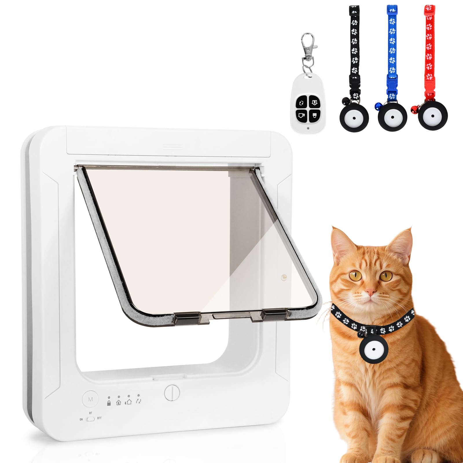 Puerta para Perros, Puerta para Gatos con 3 Llaves de sensores de Collar y 1 Control Remoto, Puertas para Gatos Abiertas automáticamente con sensores de Collar RFID activados (Blanco)