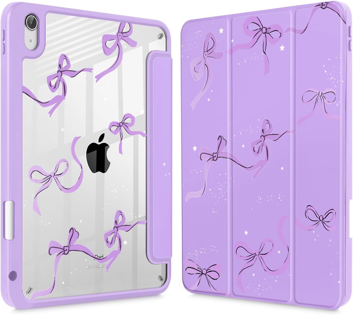 May Chen for iPad (A16) 11th Generation Case 11 Inch 2025, iPad 10th Gen Case 2022 10.9 inch, Built-in Pencil Holder with Shockproof Cover Clear Transparent Back Shell Auto Wake/Sleep, Bows Purple