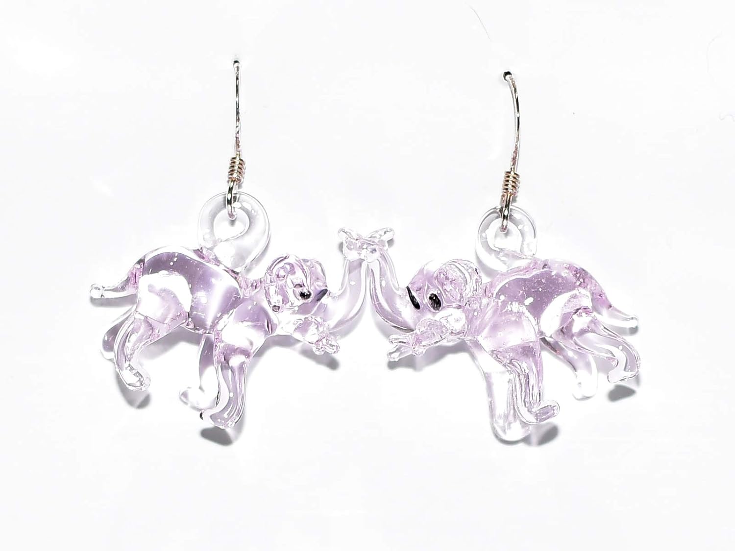 Elephant Trunk Up Glass W/ 925 Silver Dangle Earrings Animals Figurines Hand Blown Glass Art Jewelry Gift (Black)