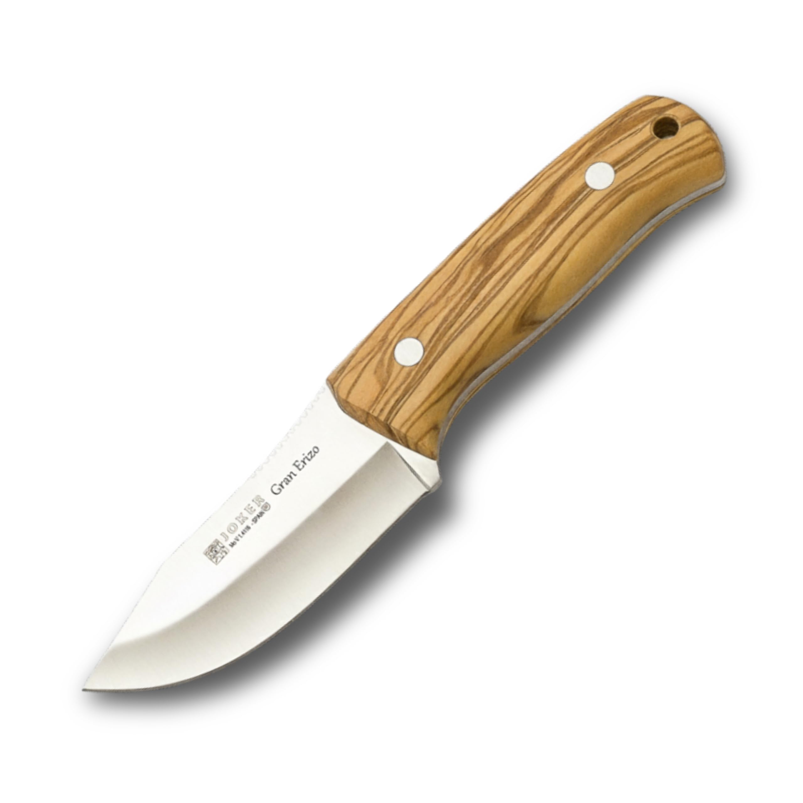 Joker "Gran Erizo CO145 Bushcraft Messer – Handgefertigt in Spanien, Olivenholzgriff, 9,5 cm MOVA 1.4116 Klinge aus rostfreiem Stahl, braune Lederscheide, ideal für Jagd, Angeln, Camping & Trekking