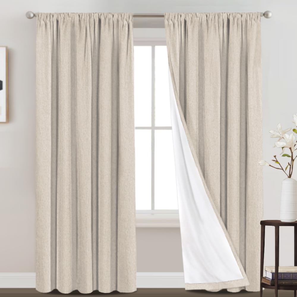 PrinceDeco 100% Blackout Curtains 95 inches Long Rod Pocket Primitive Linen Textured Curtains with White Liner Heat and Full Light Blocking Drapes for