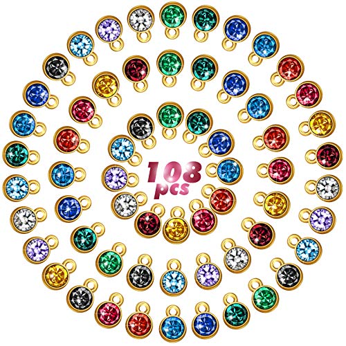 108 Pieces 12 Colors Crystal Birthstone Charms DIY Beads Pendant with Rings Mixed Handmade Round Crystal Charm for Jewelry Necklace Bracelet Earring Making Supplies, 7 mm (Dark)