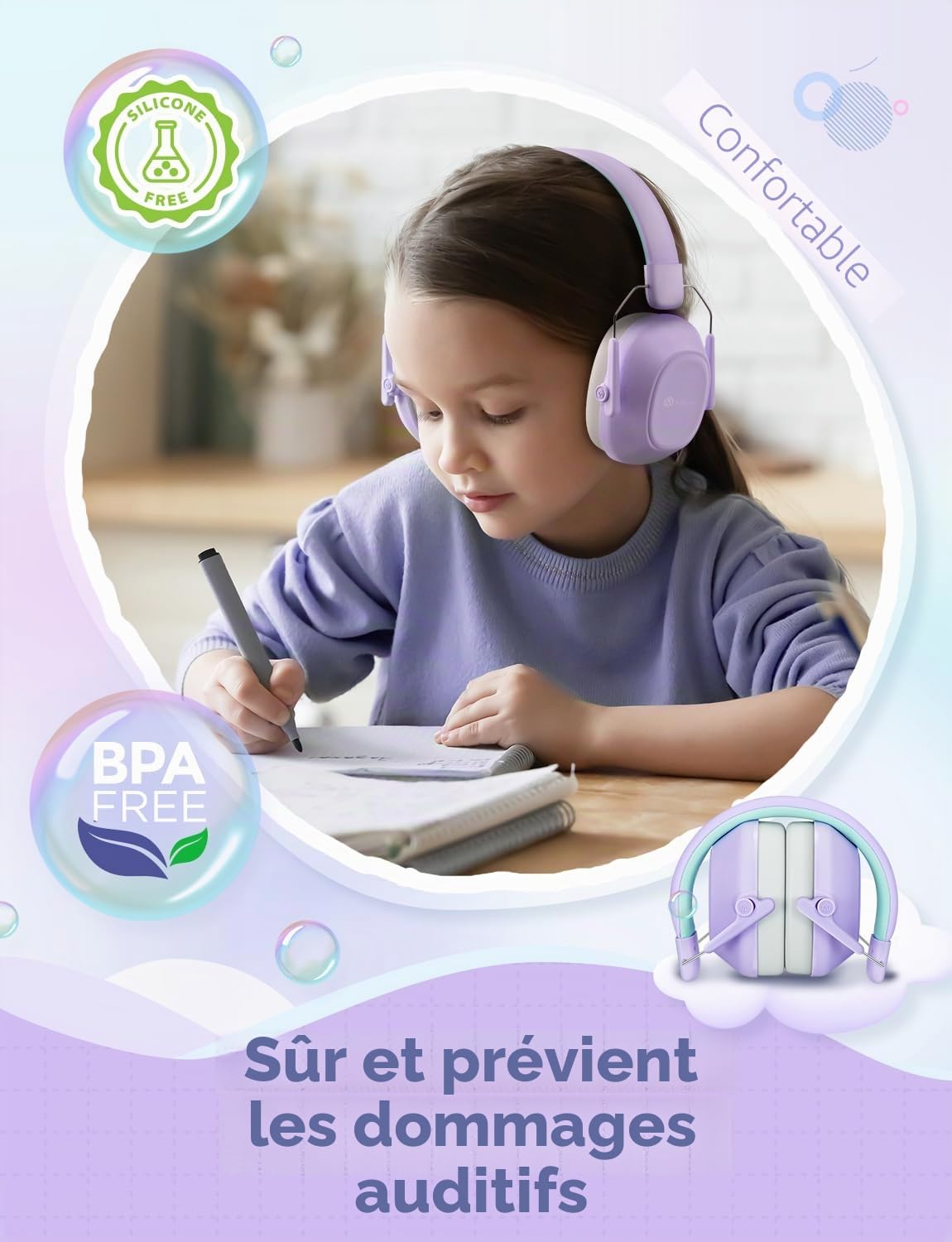 iClever Écouteurs antibruit pour enfants 26 dB NRR sécurité protection auditive Vert pourpre