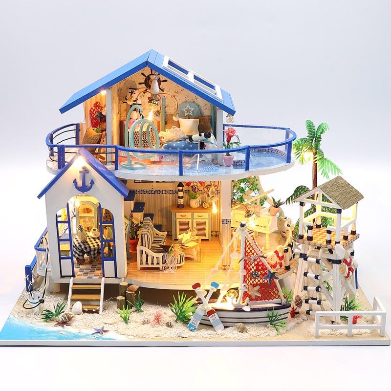 1:24 The Blue Sea House DIY Dollhouse Miniature Wooden House Creative With Dust Proof Cover + Music +Tool +LED