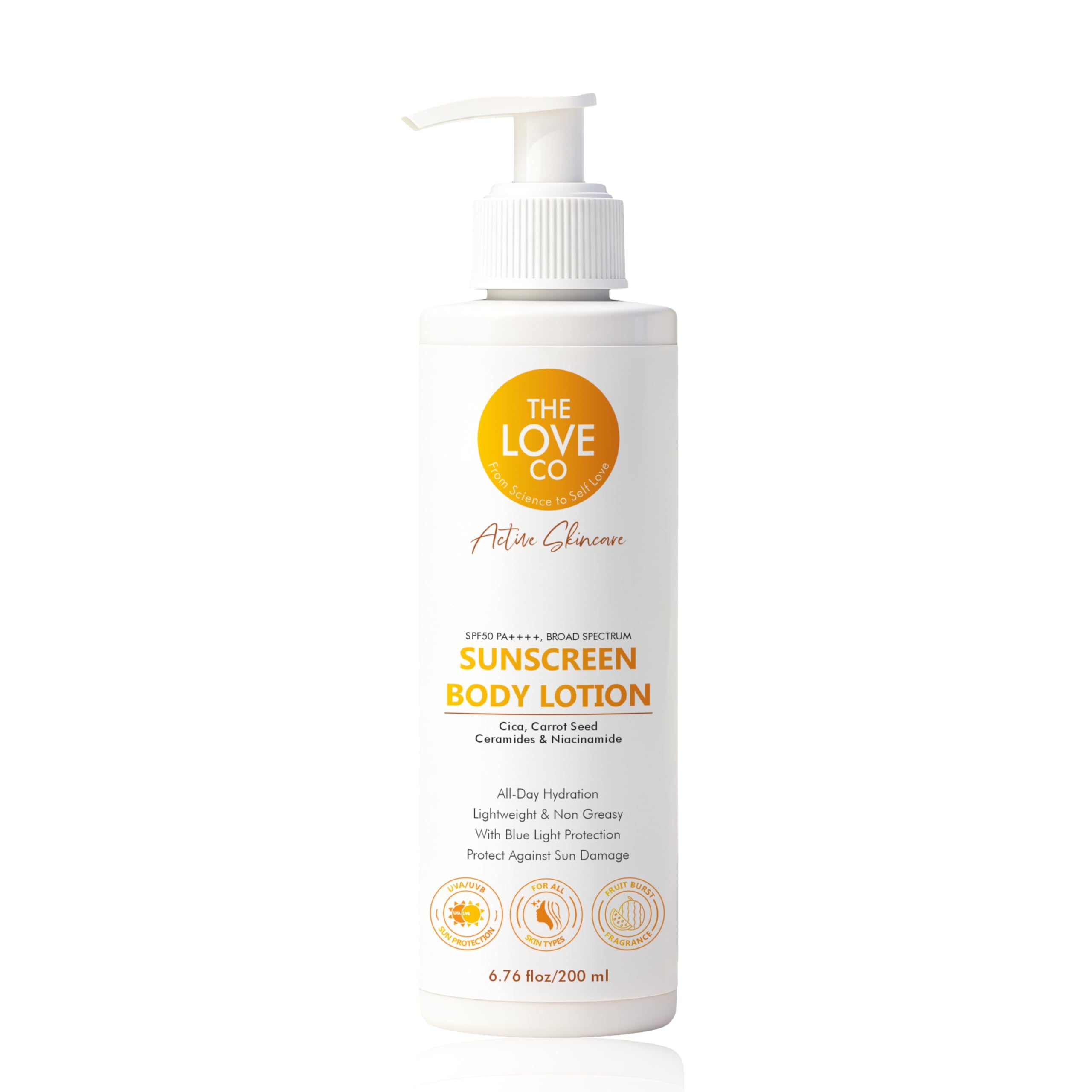 THE LOVE CO Sunscreen Body Lotion For All Skin Type with SPF 50 PA++++ - Broad Spectrum UVA & UVB Protection, No White Cast, Enriched with Carrot Seed & Raspberry - Body Sunscreen Lotion (Sunscreen 200ml)