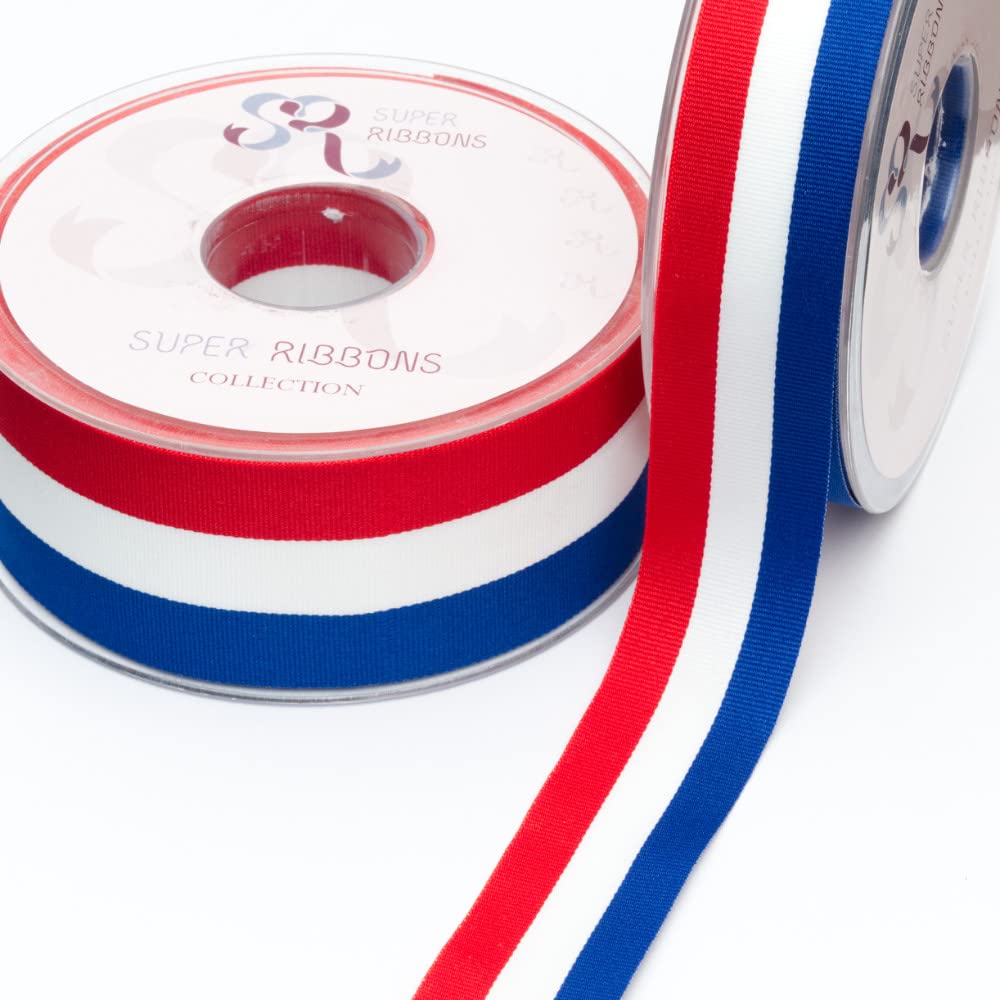 25mm/38mm Red, White and Blue Stripe Tri Ribbon for Kings Coronation (38mm-5m Length)