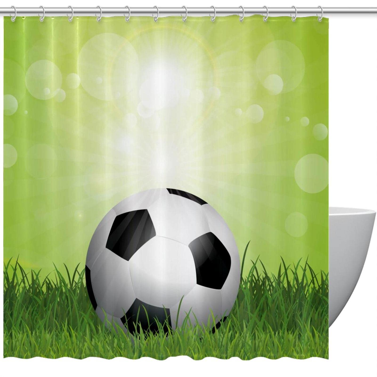Rideau de douche en tissu football sur herbe verte pour salle de bain enfant