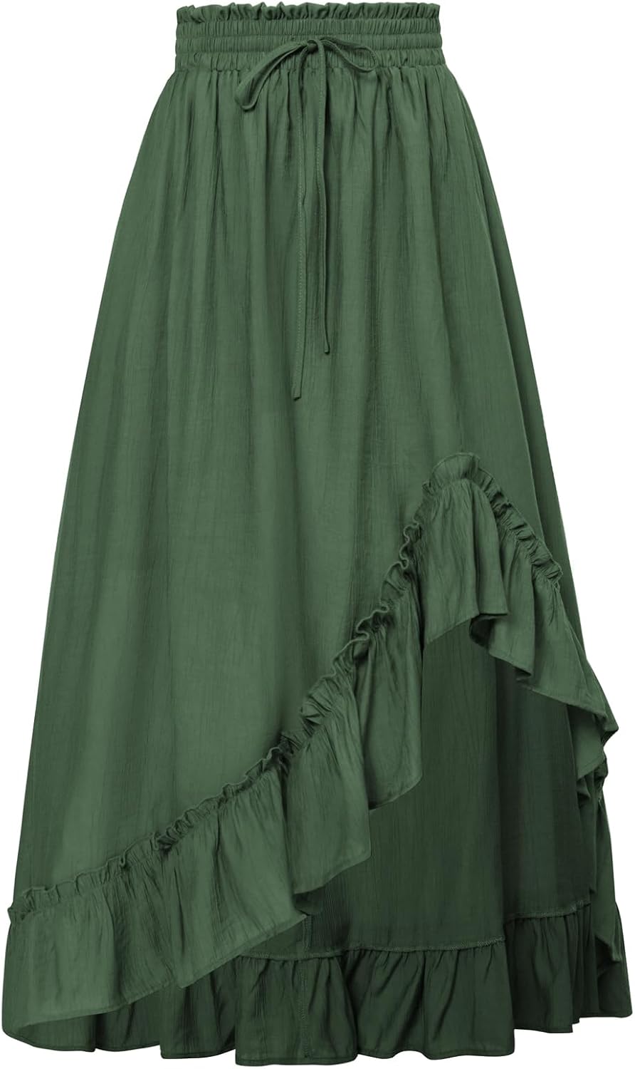 Scarlet Darkness Renaissance Midi Skirt Asymmetrical Ruffle Summer Flowy Skirt with Pockets
